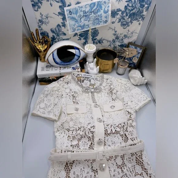 🆕 SELF-PORTRAIT 🧿 BNWOT Cream Lace Diamante Bow Midi Dress, Sz US 2 / UK 6 - Picture 2 of 16